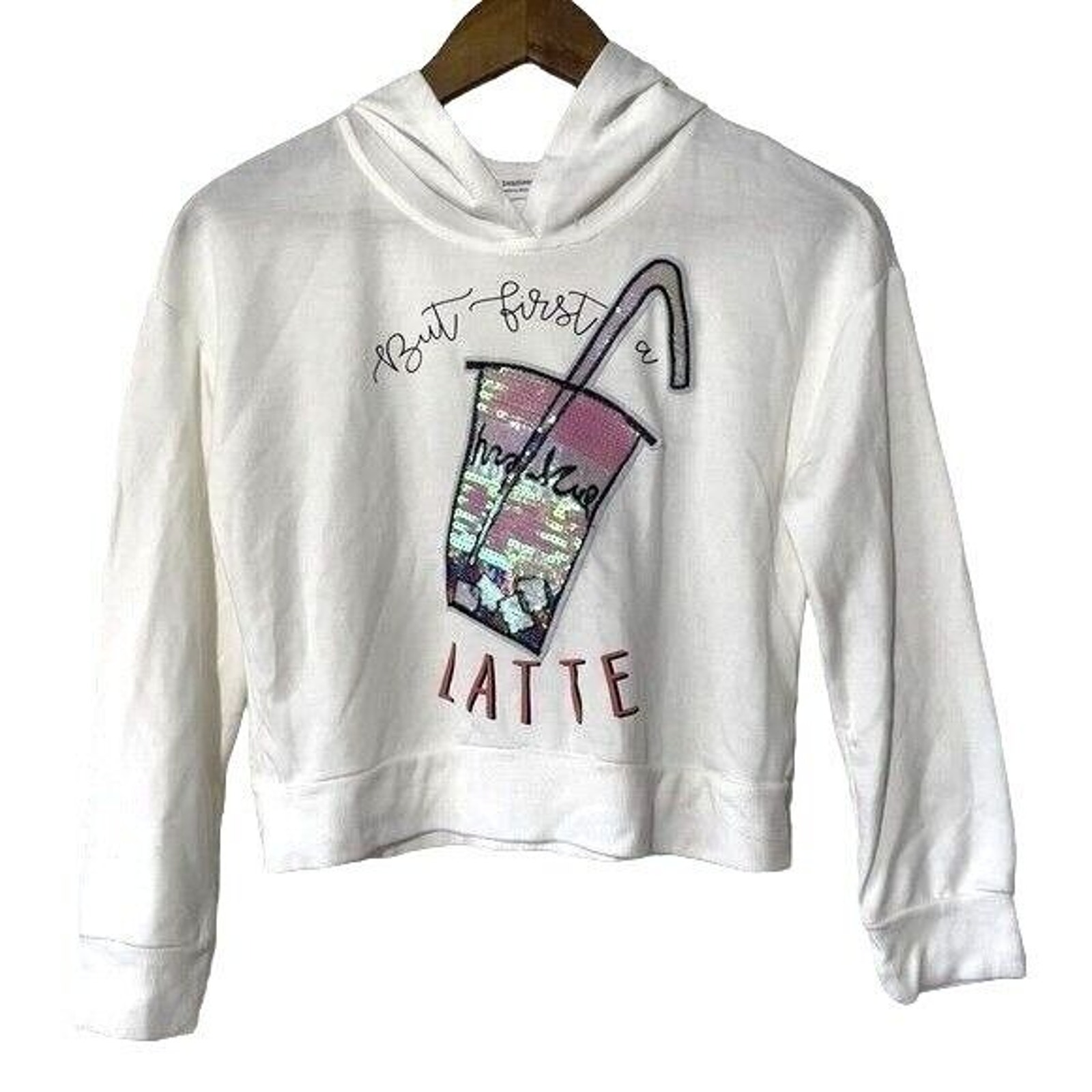Beautees Girls Xl White Crop Hoodie Sweatshirt Latte Sequin Graphic Sparkle